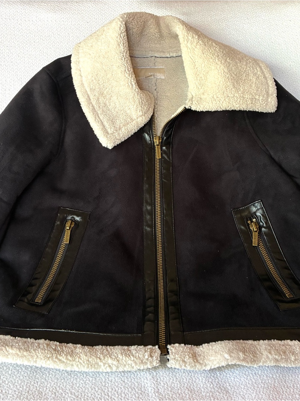 Michael Kors Women’s L Black Faux Shearling Sherpa Jacket Moto Aviator